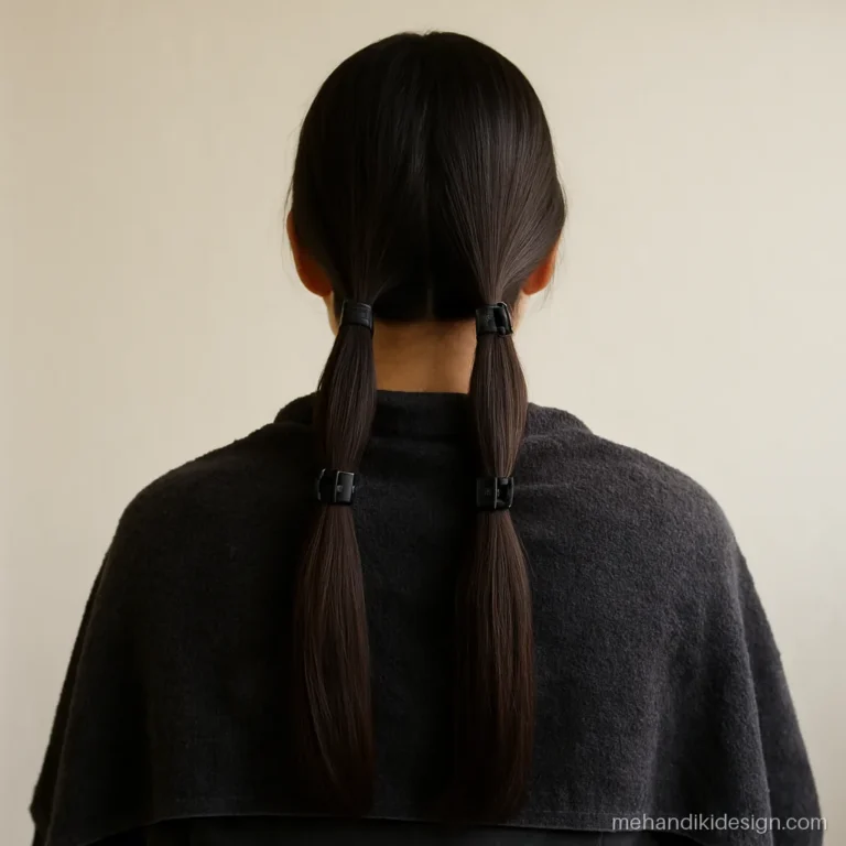 Long dark hair combed and split into four sections with clips before hair mehandi