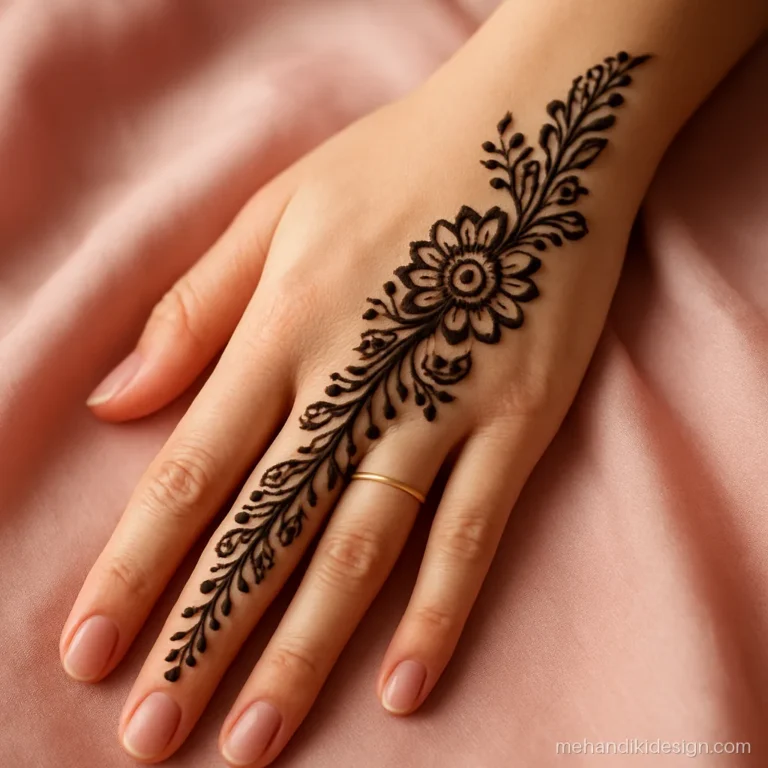 Half hand mehandi design with a diagonal bel from wrist to index finger