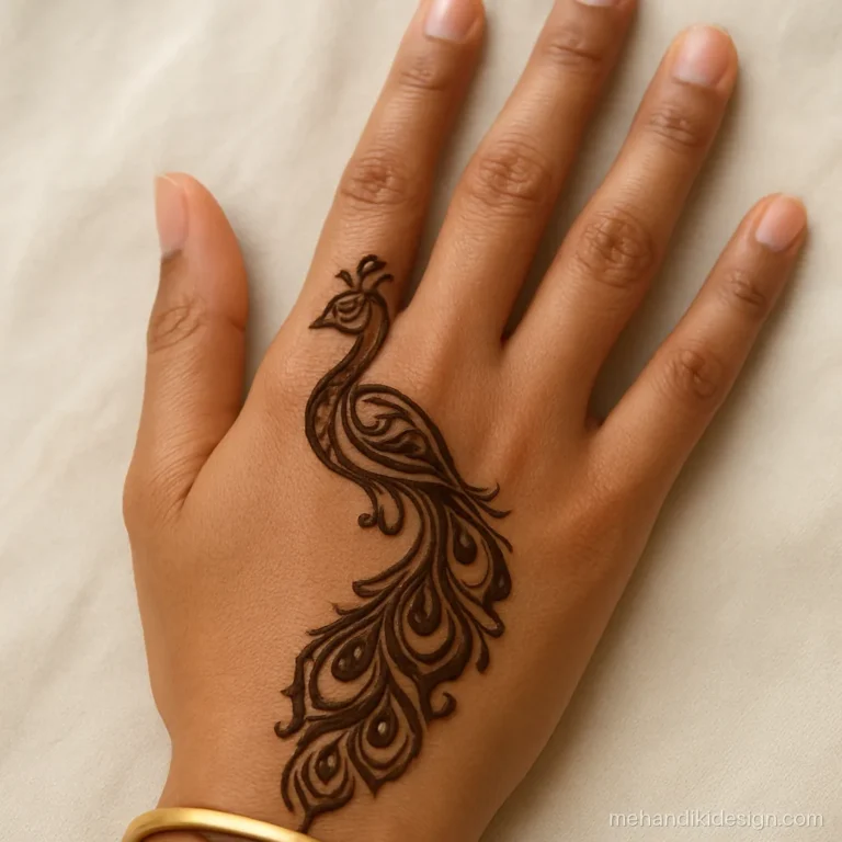 Half hand mehandi design with a peacock on the side of the back hand