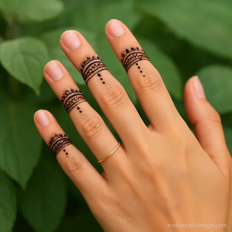 Half mandala mehandi on each fingertip in a matching row