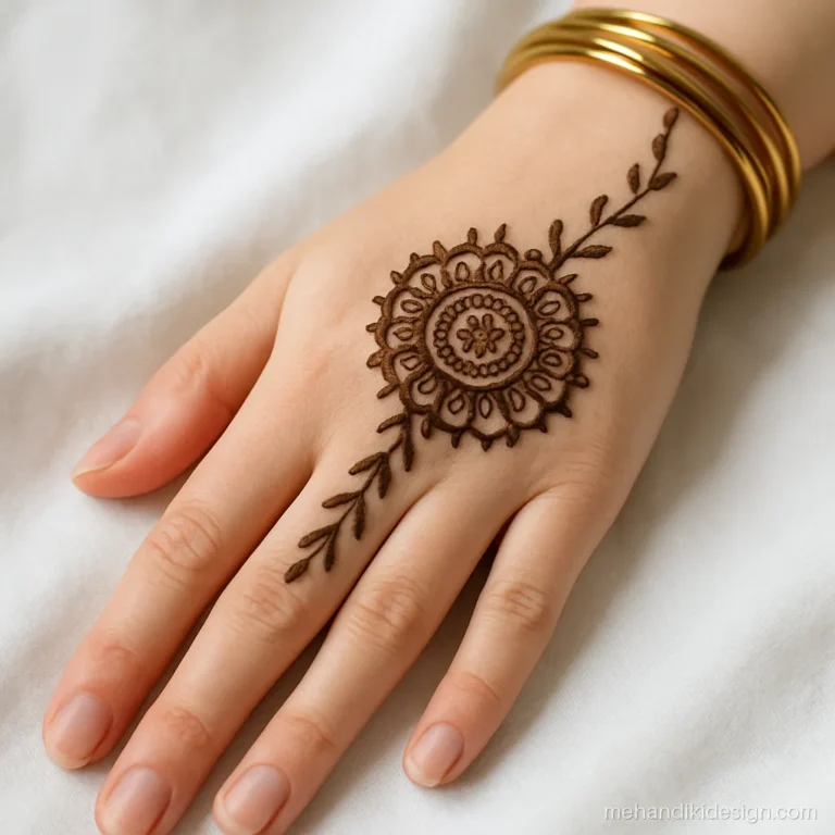 Mandala mehandi design with a half mandala on the outer hand edge