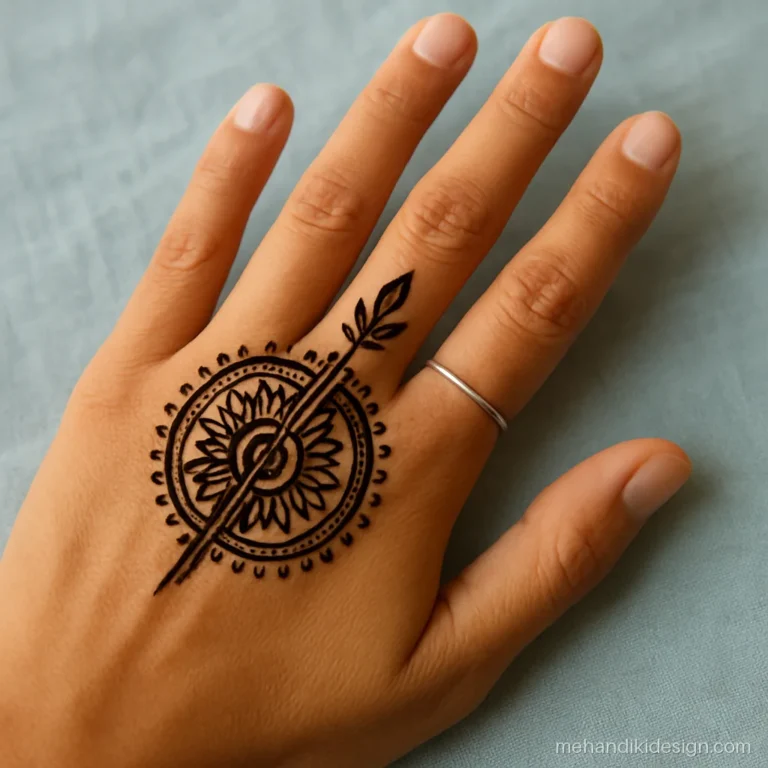 Mehandi design mandala split in half between the index finger and thumb