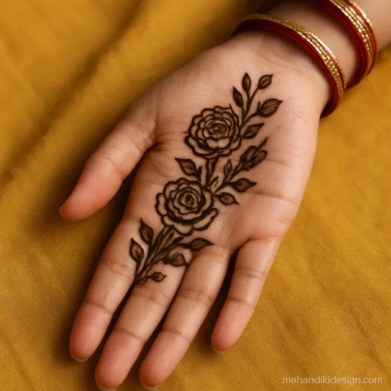 Half palm mehandi ki design front hand with a corner floral spray