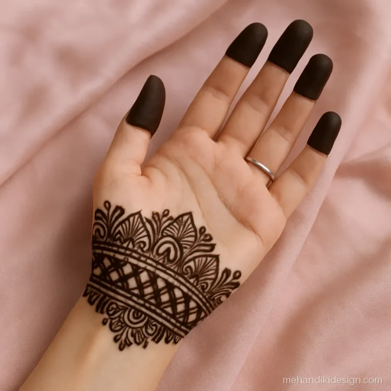 Front hand mehandi design with a heavy wrist cuff and bare upper palm