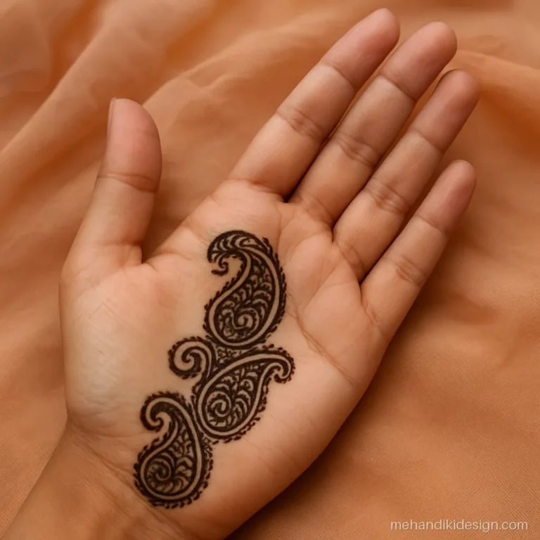 Half palm mehandi design front hand with paisleys on the thumb side