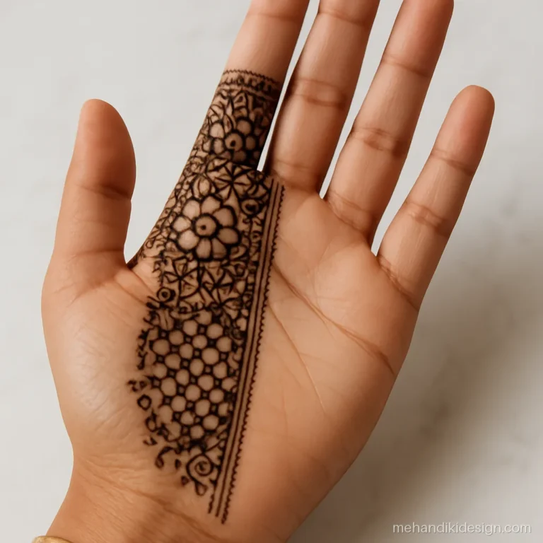 Mehandi design front hand with a vertical split, half filled half open