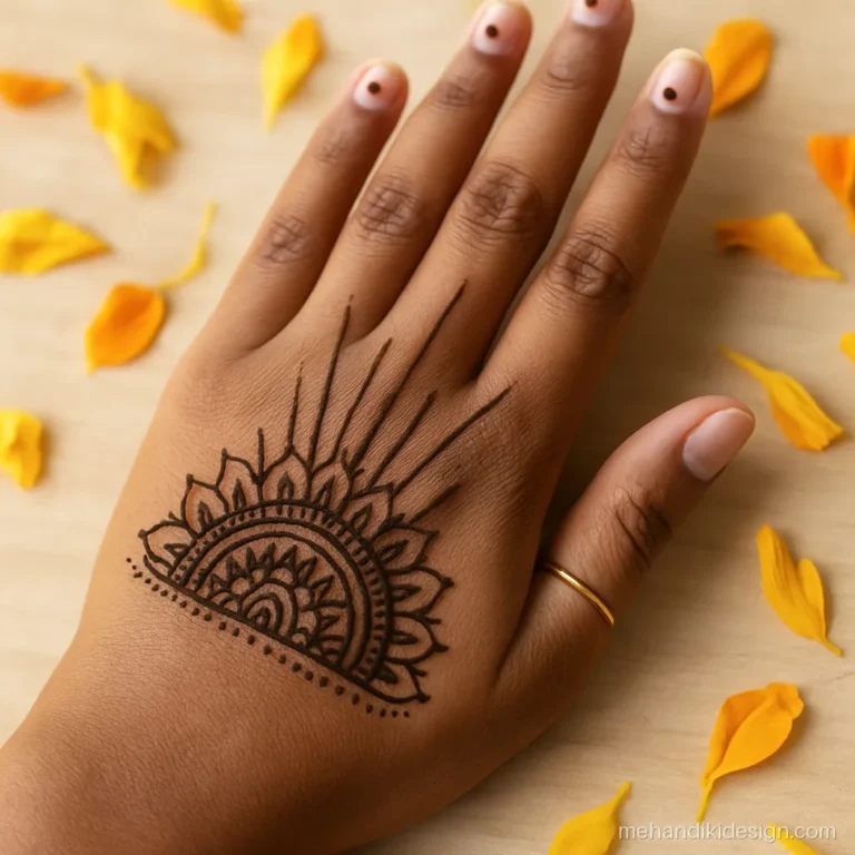 Onam mehandi with a half pookalam at the wrist and petal rays on the back hand
