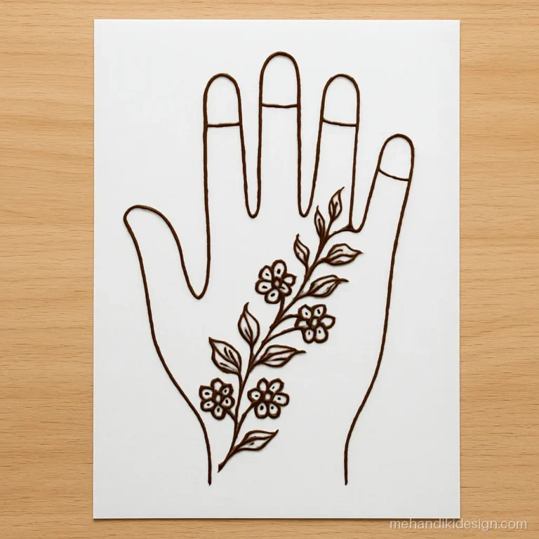Mehandi ka chitra of a traced hand outline with a back hand bel