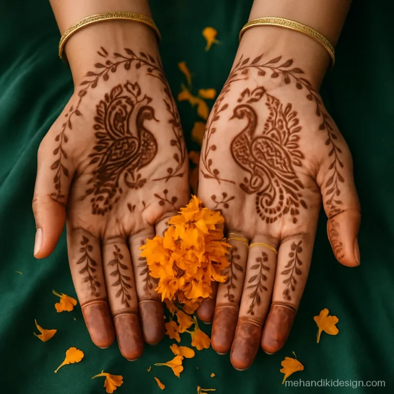 Mehandi ceremony pose with hennaed palms cupping a heap of marigold petals