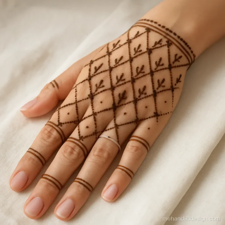 Hariyali teej mehandi design with a leaf jaal net on the back hand