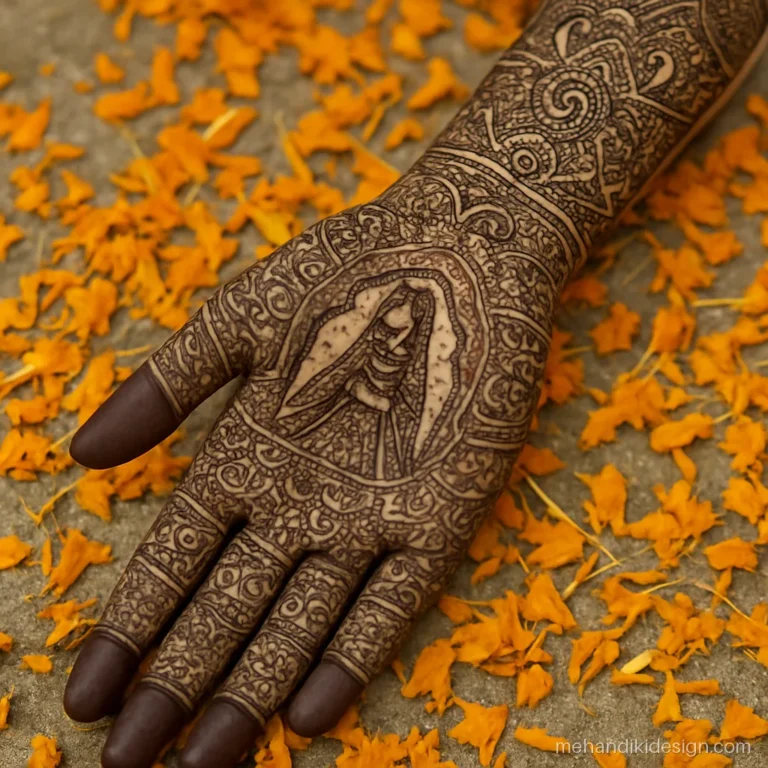 Hath bhari bridal mehandi with dulha dulhan figures on both palms