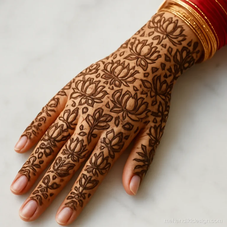 Hath bhari mehandi on bridal back hand with lotus rows and chooda