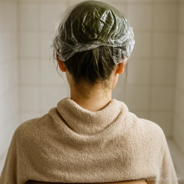 Back of head with mehandi coated hair twisted into a bun under a shower cap