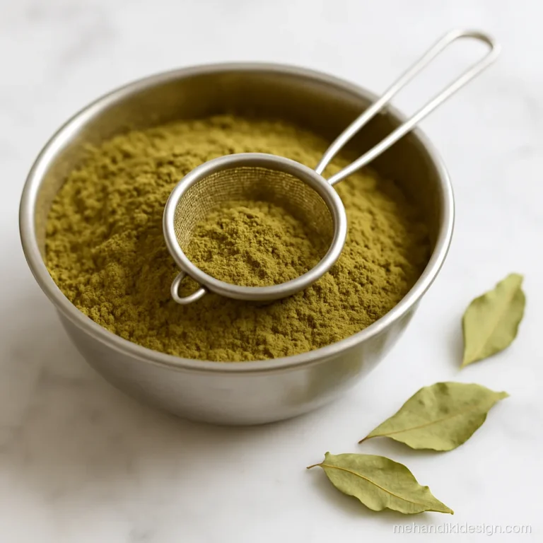 Herbal mehandi powder sifted fine in a steel bowl with a strainer
