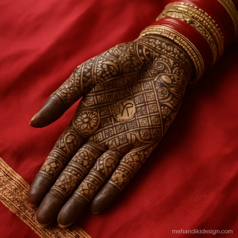 Bridal name mehandi with the groom's initial K hidden inside a jaal net on the palm
