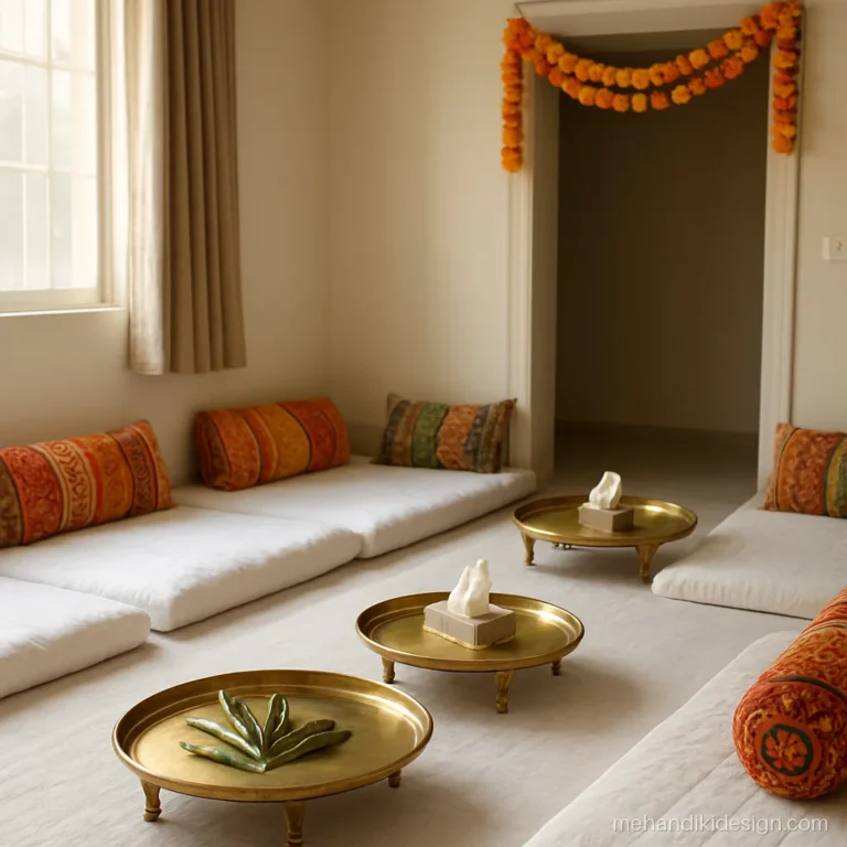 Living room set up with floor gaddas and bolsters for a mehandi function at home