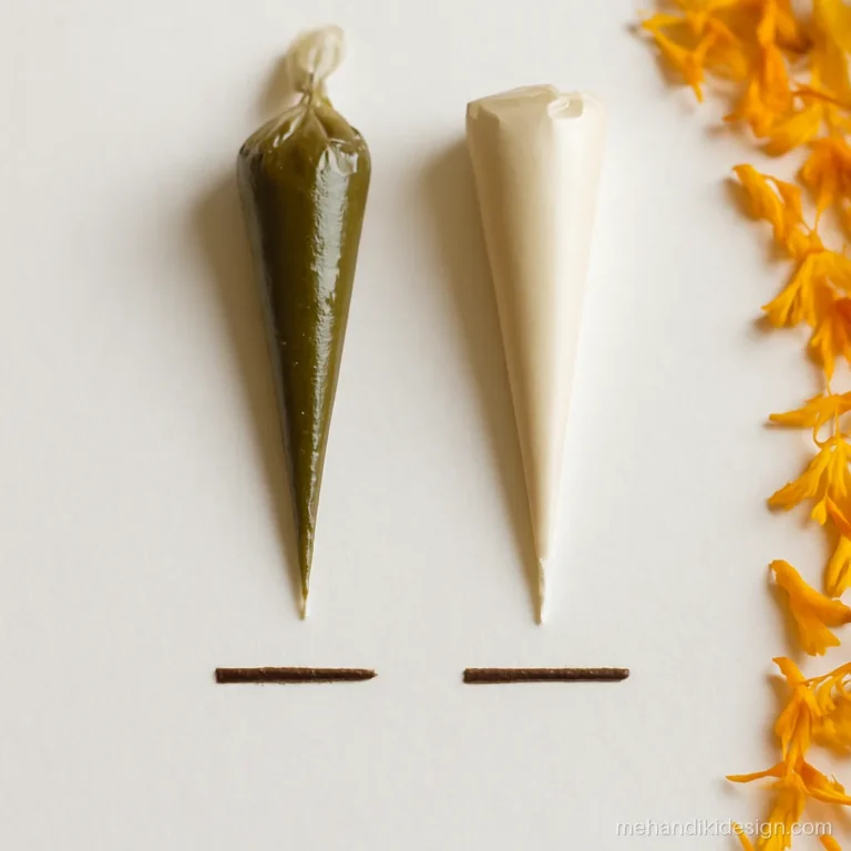 Homemade mehandi cone next to a ready-made cone with a test line on paper