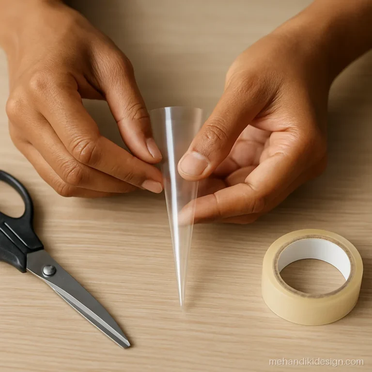 Rolling a mehandi cone from a triangle of plastic sheet step by step