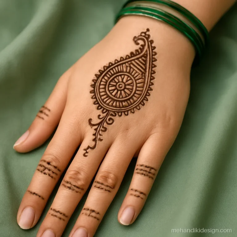 Indian mehandi design with one big kairi holding a mandala inside
