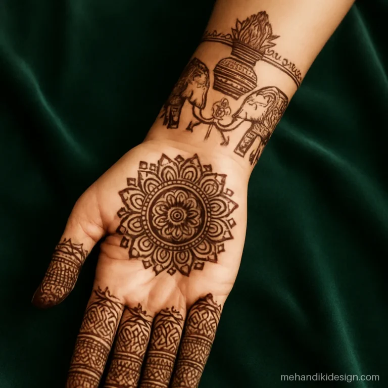 Indian mehandi design with an elephant pair on the forearm facing a kalash