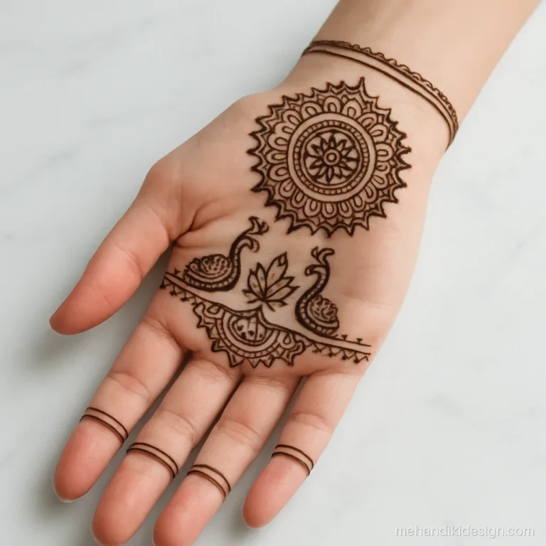 Indian mehandi design with twin peacocks facing each other at the wrist