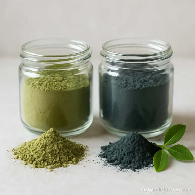 Blue-green indigo powder and green mehandi powder kept side by side for hair colour