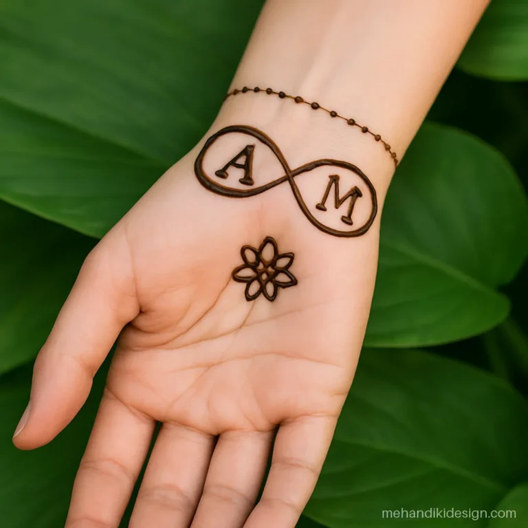 Mehandi design with name initials A and M inside an infinity knot on the wrist