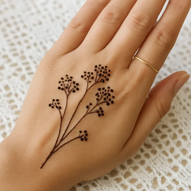 Instagram mehandi design with tiny baby breath flowers on the hand