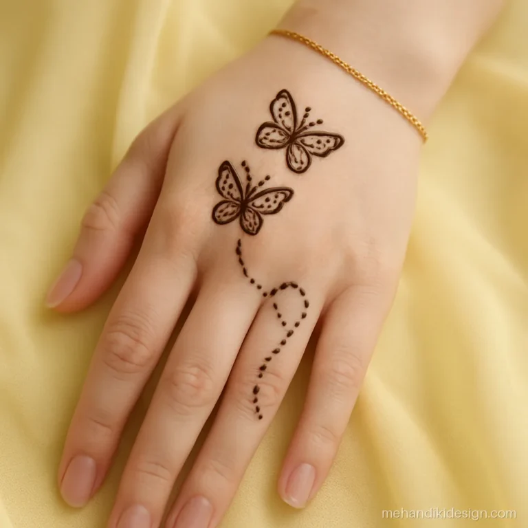 Instagram mehandi design with two small butterflies near the knuckles