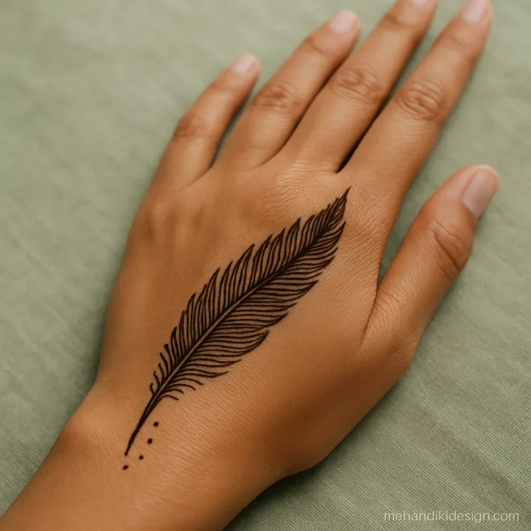 Instagram mehandi design with a fine feather on the side of the wrist