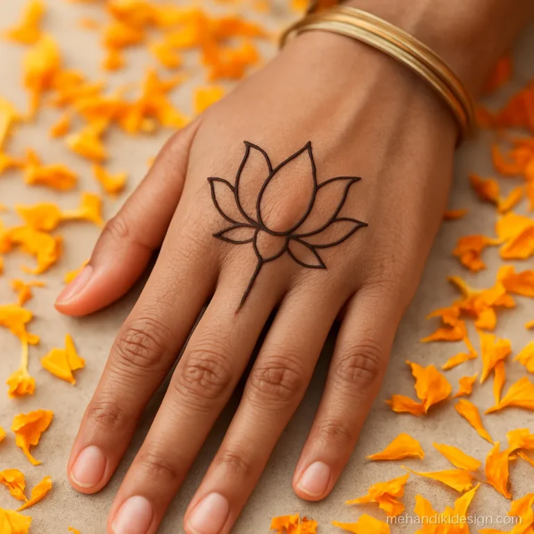 Aesthetic mehandi with an outline only lotus on the back hand
