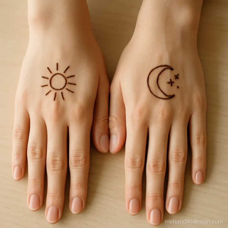 Instagram mehandi designs simple with a sun on one hand and moon on the other