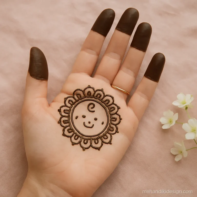 Small mandala with a tiny baby face motif in the centre for a simple baby shower
