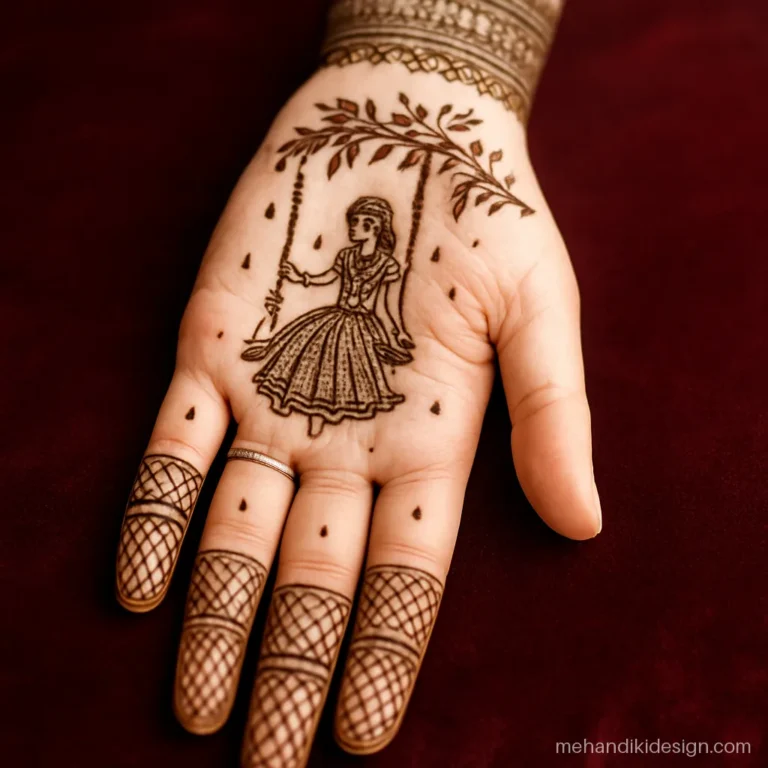 Full hand teej mehandi design showing a woman on a jhula under rain drops