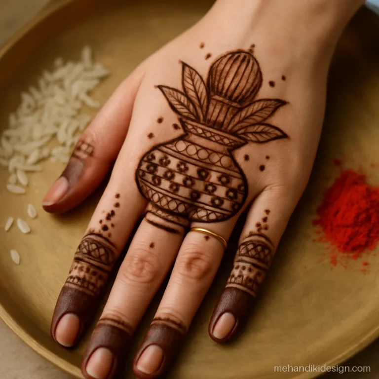 Navratri mehandi design with a kalash, mango leaves and coconut in the palm