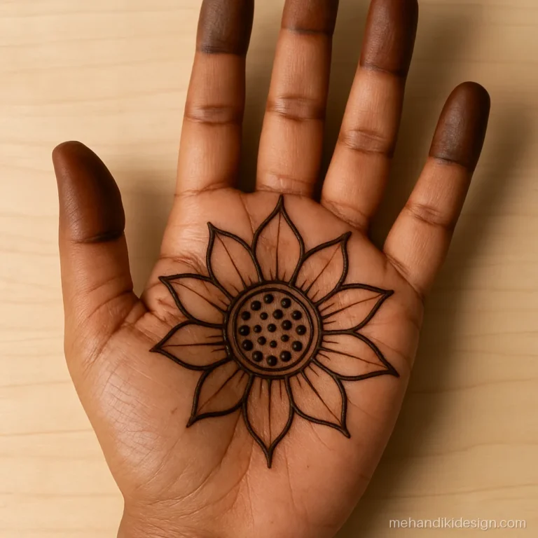 Kamal mehandi design seen from above with a dotted seed pod centre on the palm