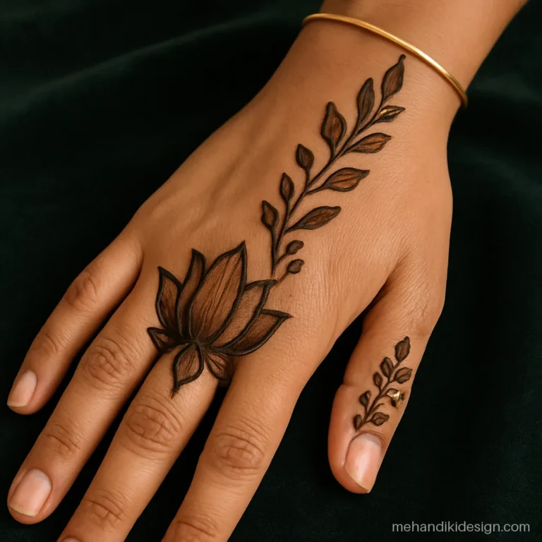 Kamal wali mehandi design on the back hand with a bold shaded lotus near the wrist