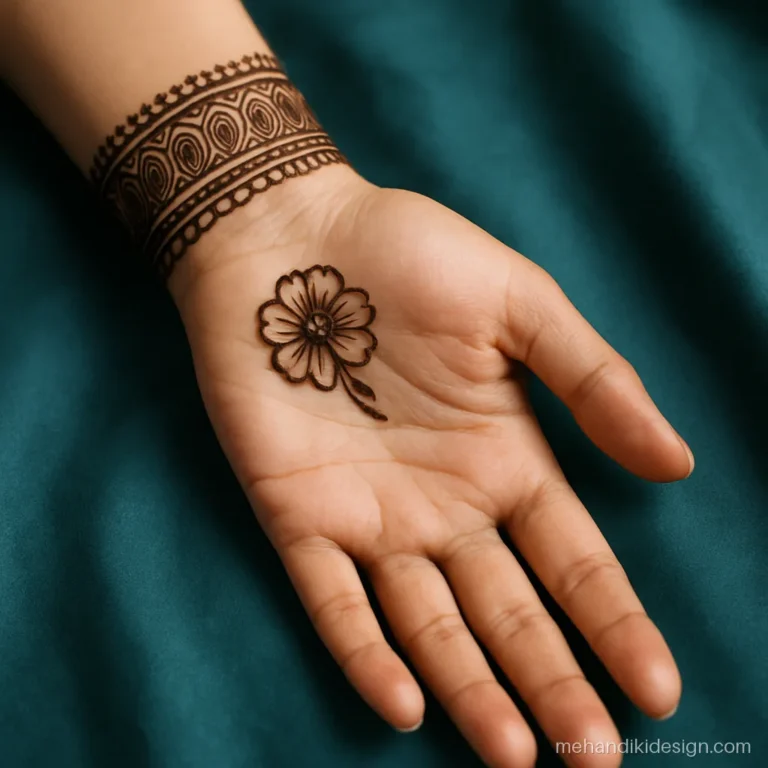 Bracelet wali mehandi drawn as a wide kangan with scallops and paisleys on the wrist