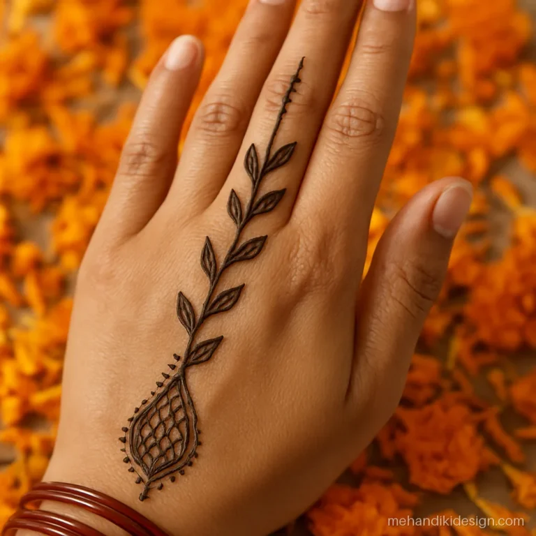 Karva chauth ke liye mehandi with a simple bel and tiny chalni on wrist
