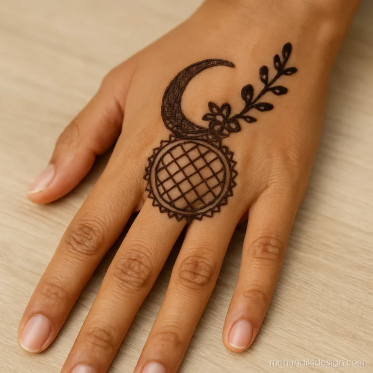 Karva chauth ki mehandi with a crescent moon and chalni on the back hand