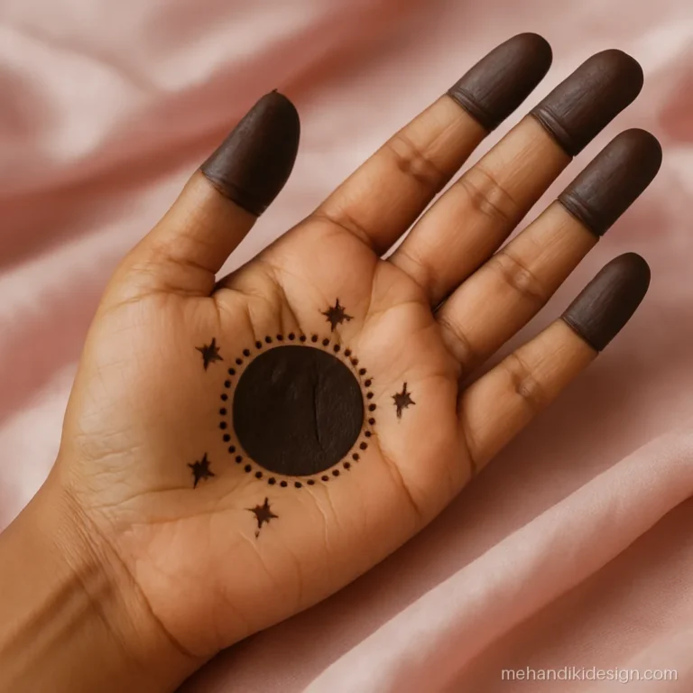 Karva chauth ki mehandi with a tikki shaped like a full moon and stars