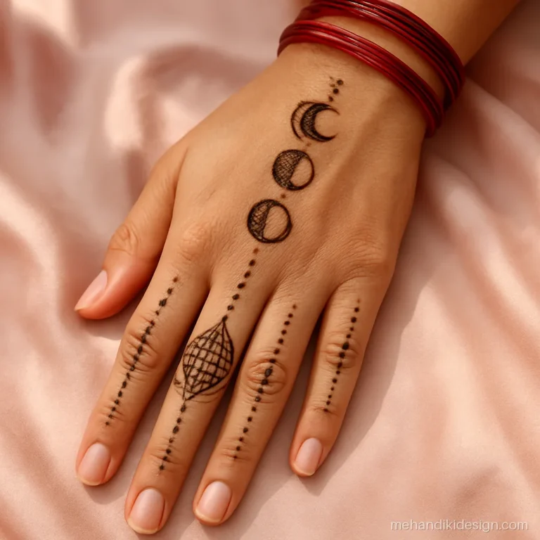 Karva chauth mehandi with tiny moons on fingers and a chalni at the wrist