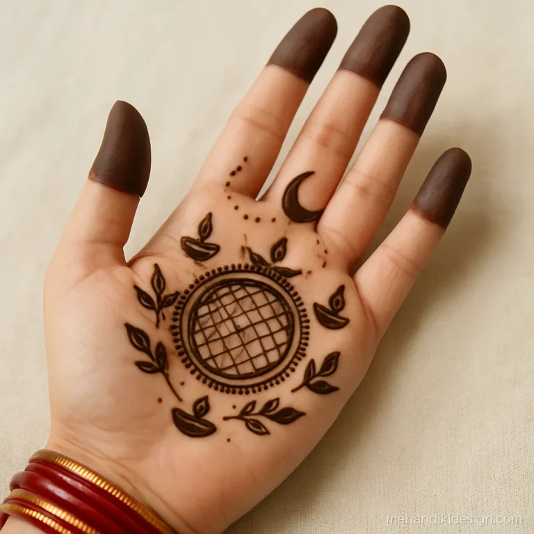 Karva chauth mehandi design with a chalni and full moon in the palm centre