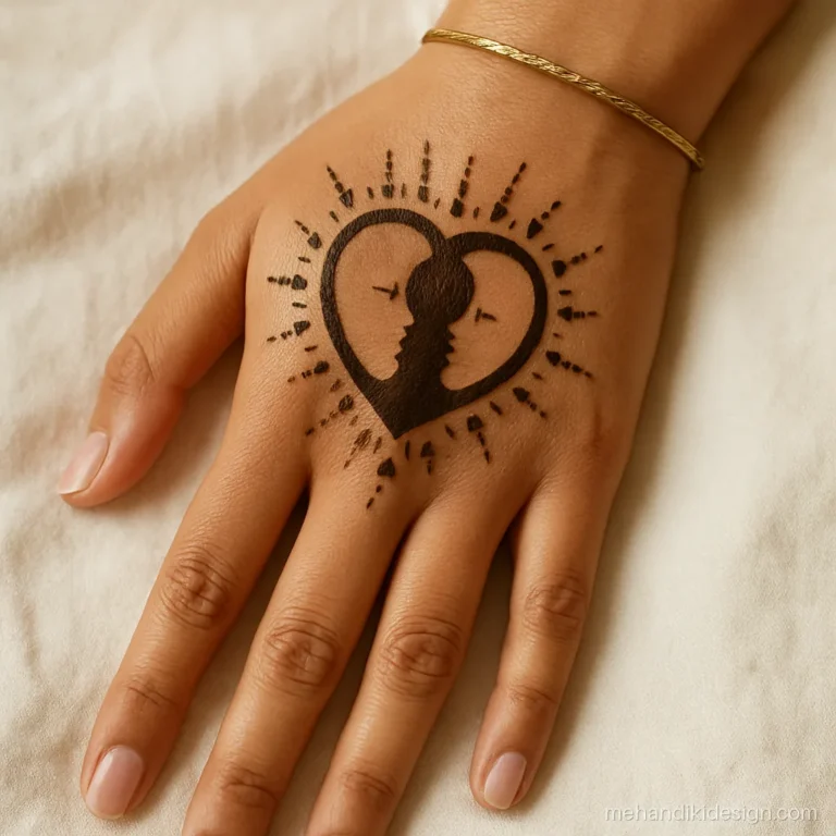 Karva chauth mehandi with a heart shaped moon and couple faces outline