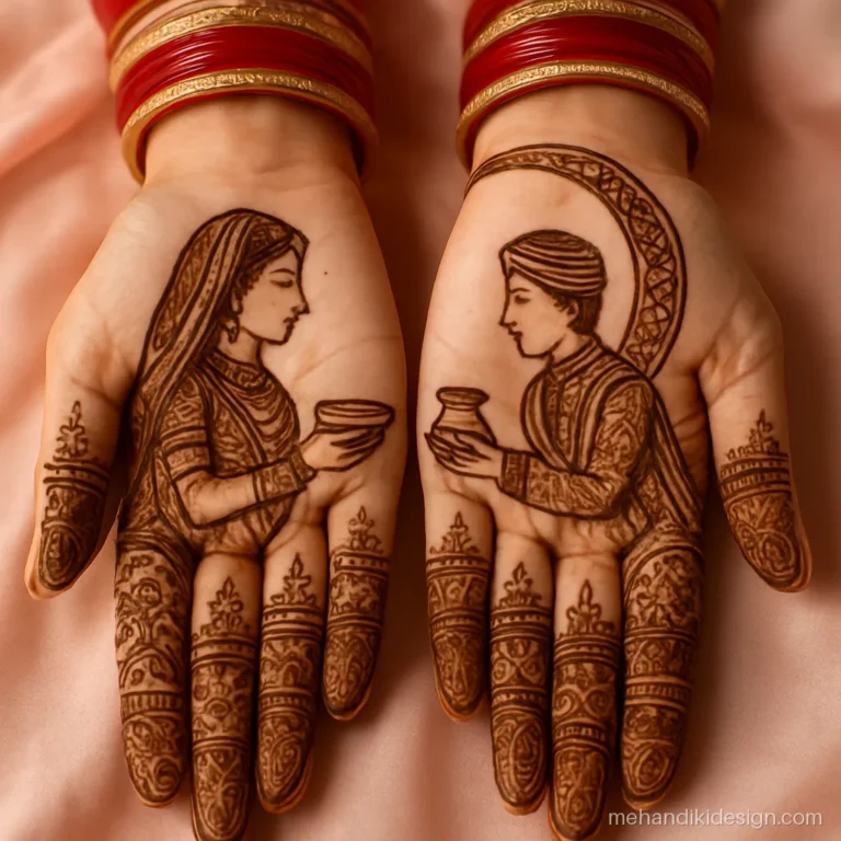 Karva chauth mehandi design with husband on one palm and wife on the other
