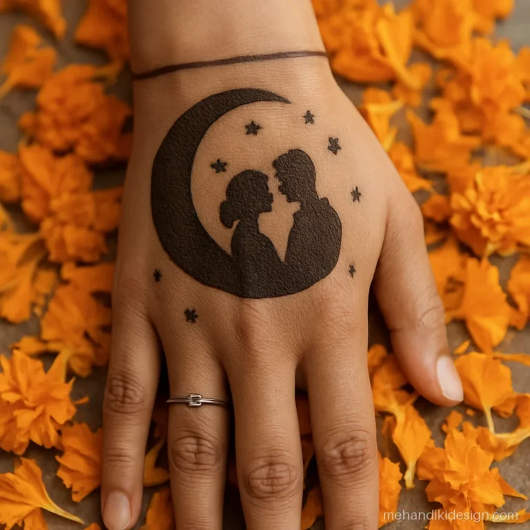Karva chauth mehandi with a couple silhouette under the moon on the back hand