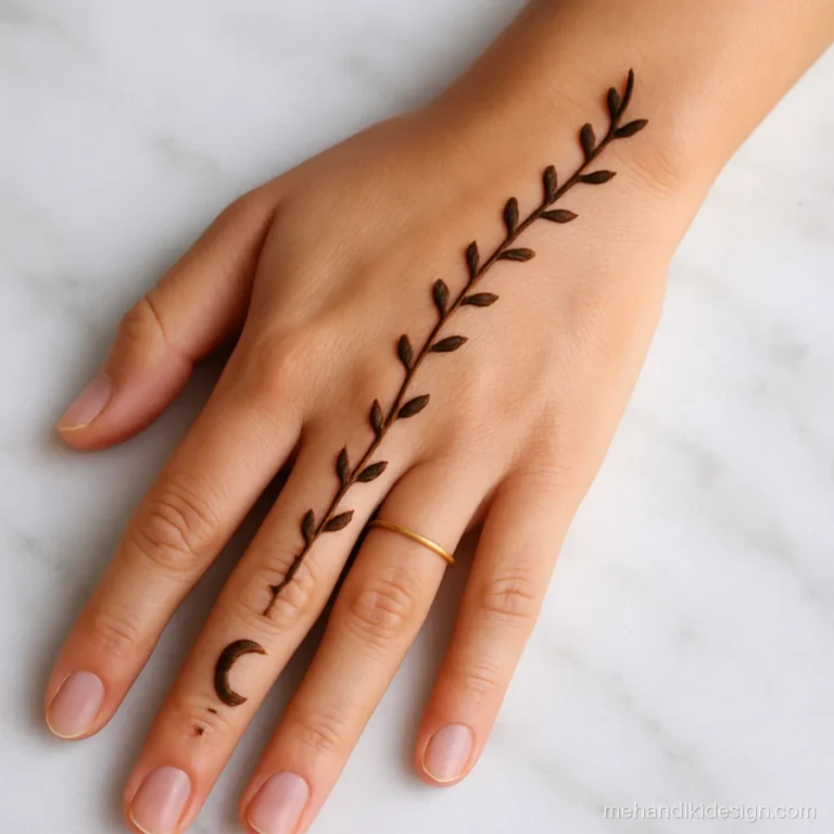 Karva chauth mehandi design simple with a crescent moon at the end of a vine