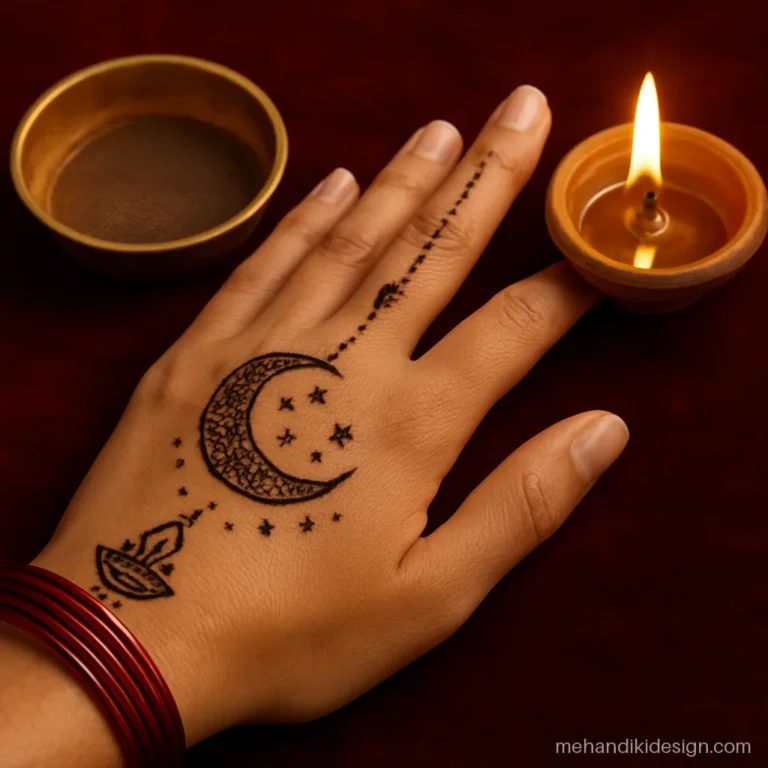 Mehandi hand beside a lit diya and sieve for a Karva Chauth caption
