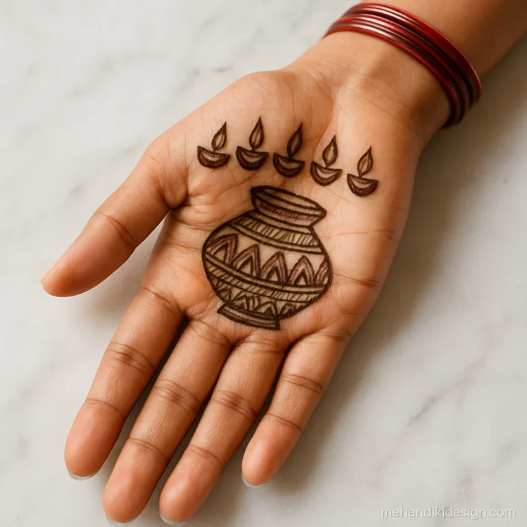 Karva chauth mehandi with a row of diyas above a karwa on the palm