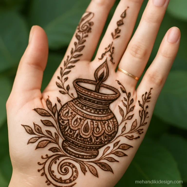 Mehandi design for karva chauth with a decorated karwa pot in the palm